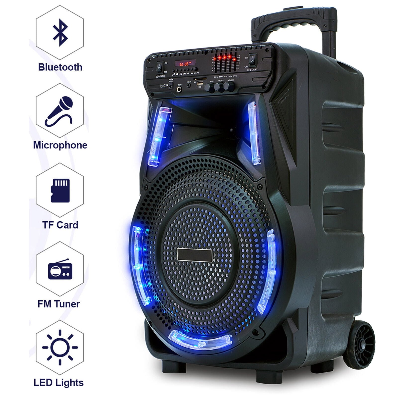 12'' Woofer Heavy Bass Bluetooth Speaker Portable Party PA Sound System Mic LED FM AUX Handle Wheels