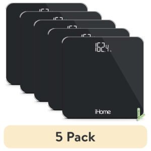 (5 pack) iHome Digital Battery Powered Bathroom Scale 397 lbs with Fit+ Personal Coach App, FSA and HSA Eligible, Black