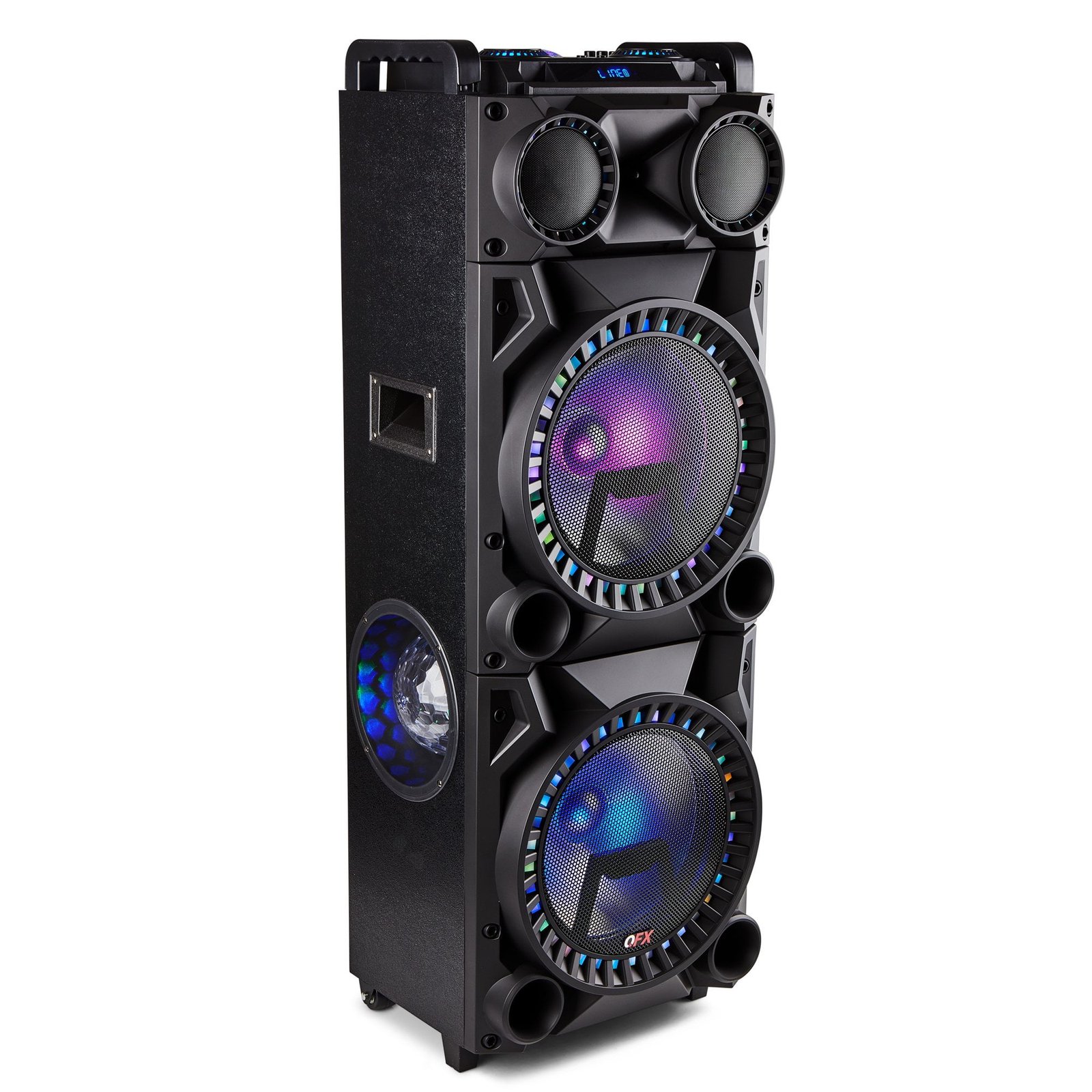 Open Box QFX PBX-1215 Dual 12" Floorstanding Bluetooth Speaker with Party Lights, Includes Microphone, Black