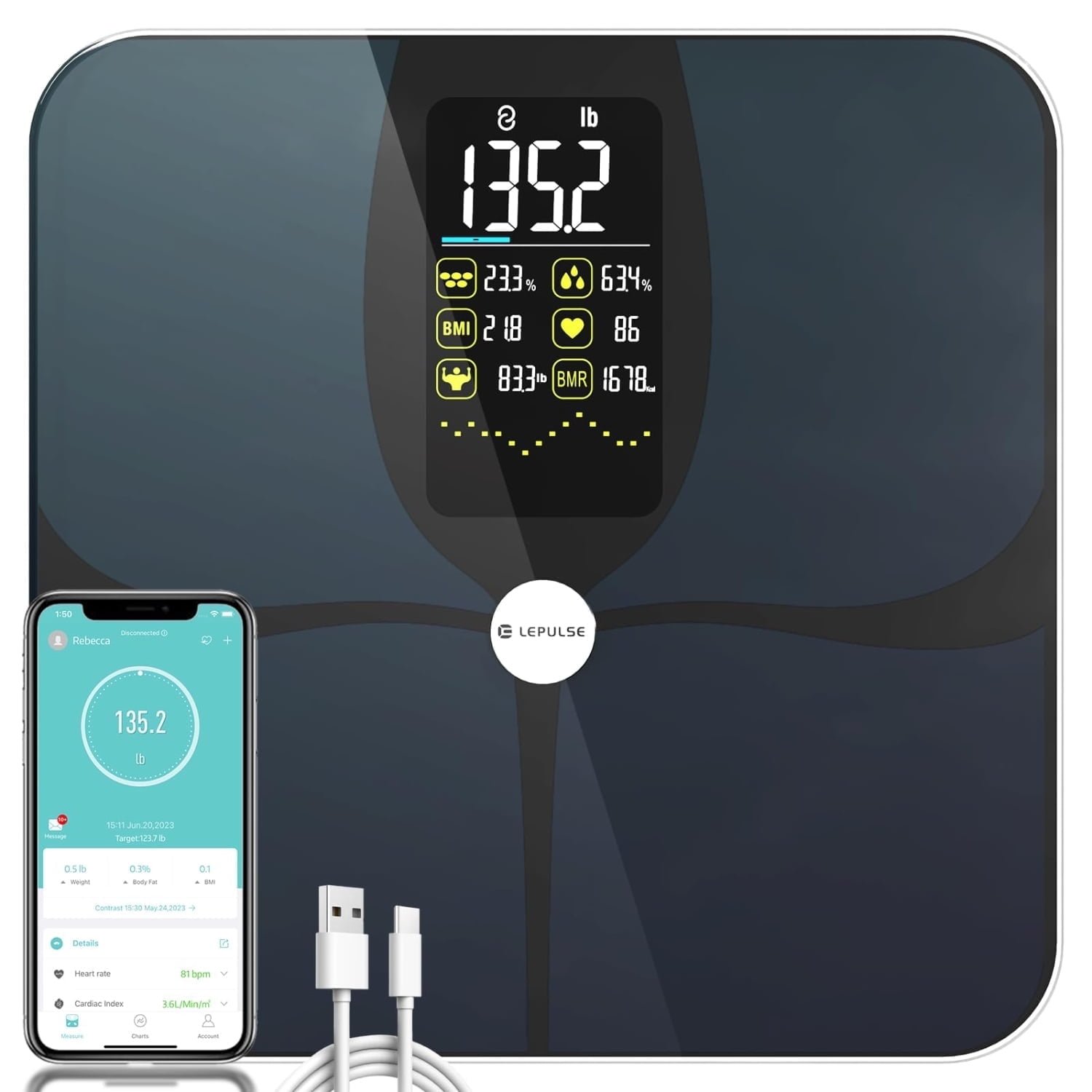 Checkme Smart Scale F4 Pro with Digital Display, Fat Loss Monitor, and Type-C Cable, Black