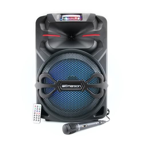 Emerson EDS-1200 Portable 12” Bluetooth Party Speaker with Disco Lights and Microphone, Black