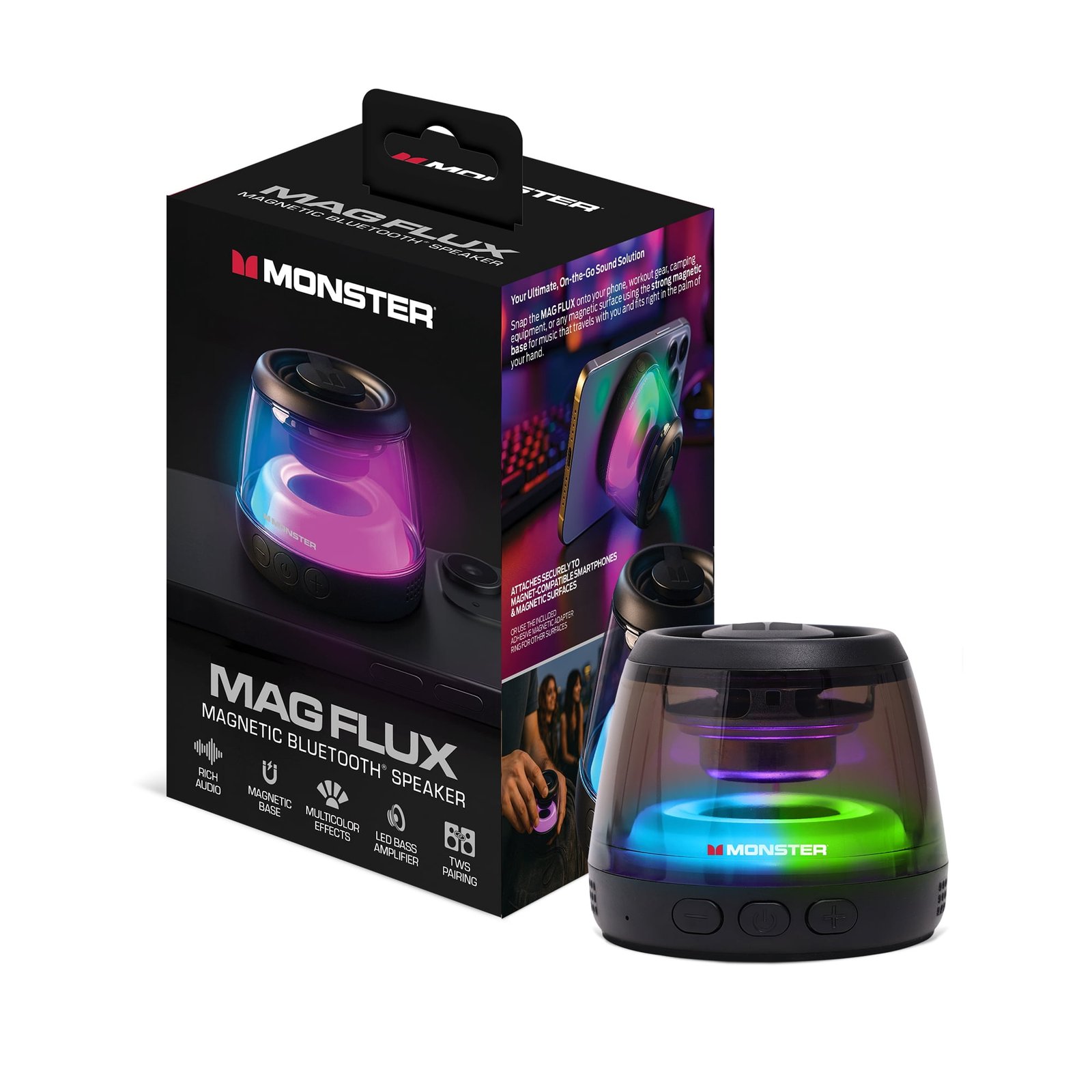 Monster Mag Flux Magnetic Bluetooth Speaker, 5W Portable Wireless Speaker with Multicolor LED Lighting, Magnetic Base & TWS Pairing, MicroSD Playback