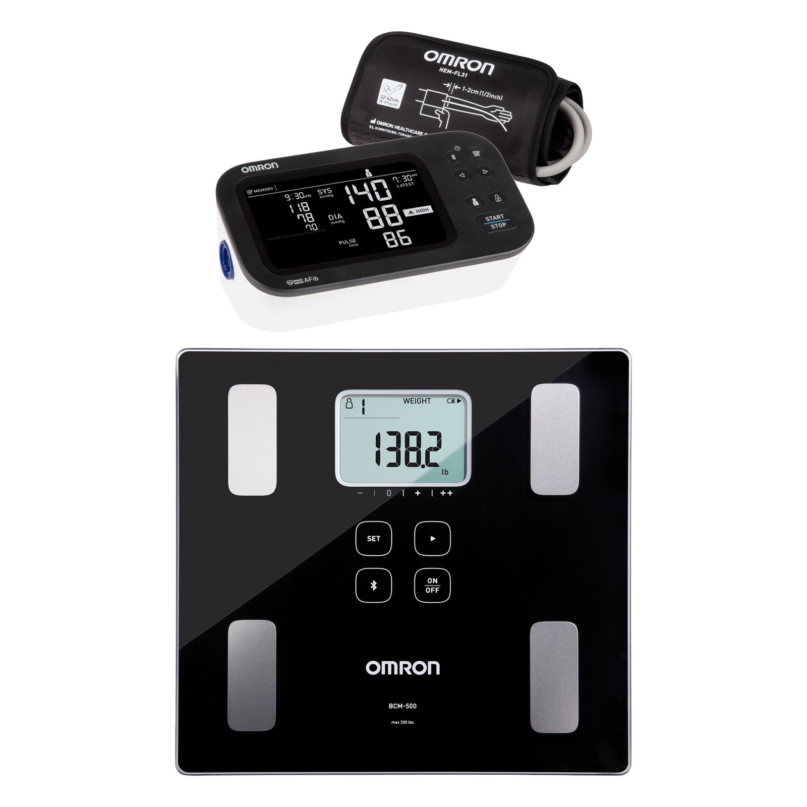 Omron 10 Series Upper Arm Blood Pressure Monitor and Body Composition 330-Lb. Capacity Bathroom Scale Kit