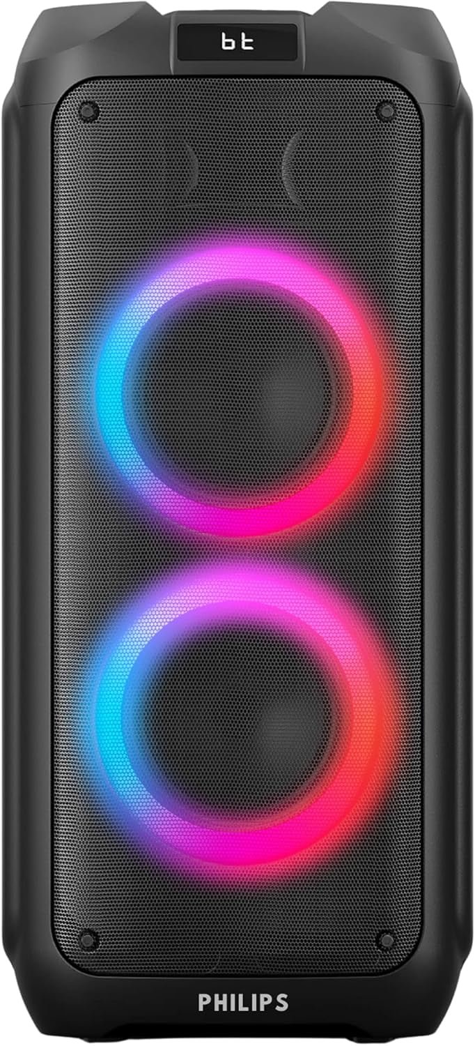 PHILIPS Bluetooth Party Speaker, 120W Battery-Powered Sound System with Portable Handle, FM Radio & LED Lights