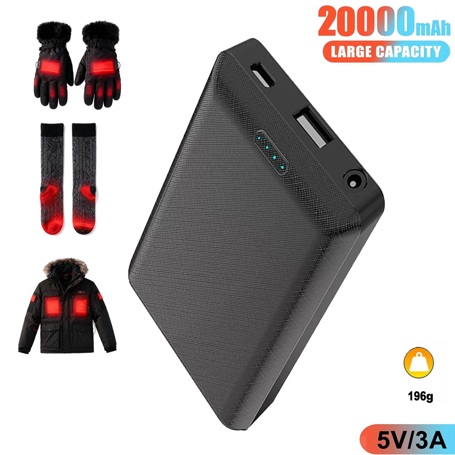 048L Power Bank 20000mAh TYPE-C 3.5mm DC Battery Pack Portable Charger for Heated Vest Coat, 1P