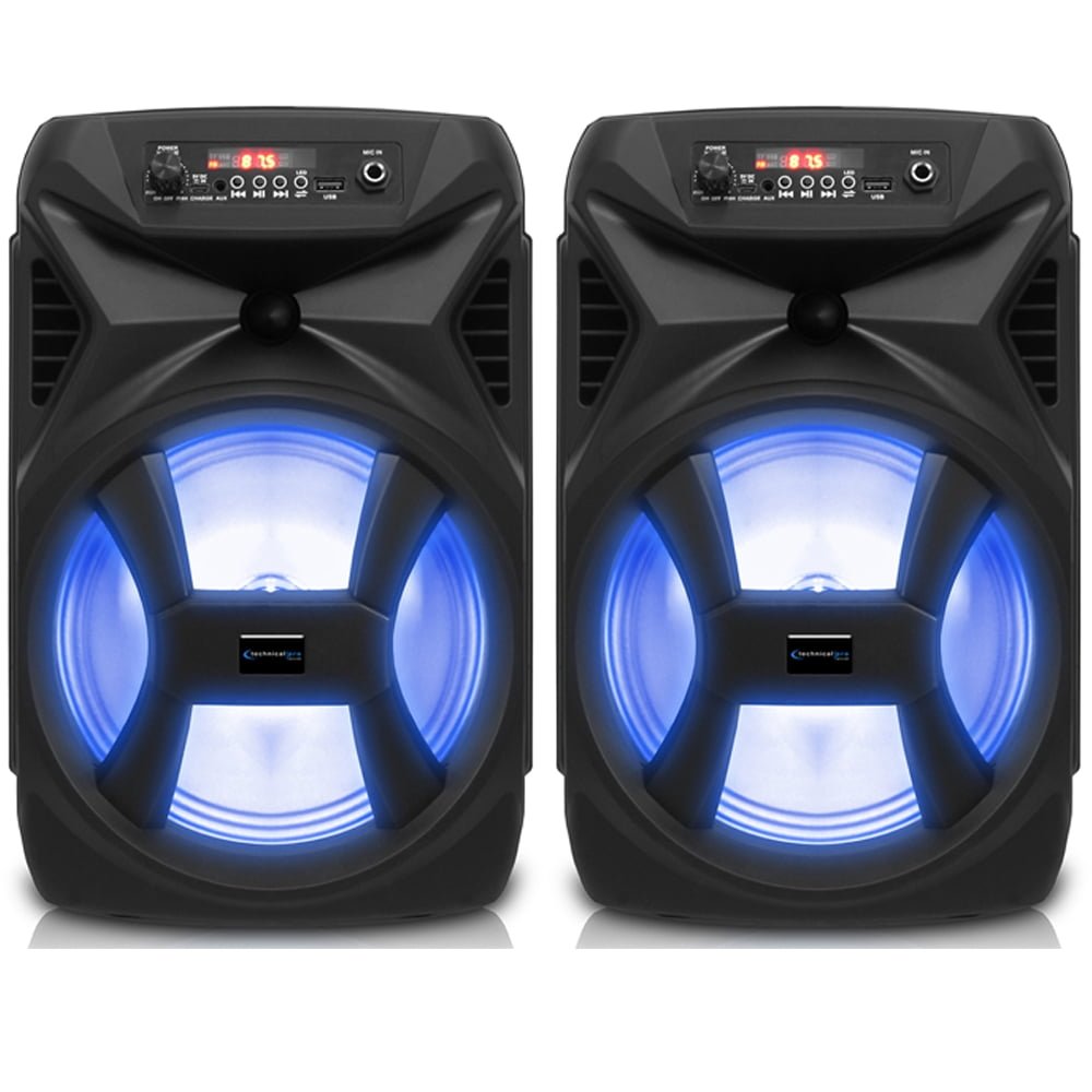 (Qty 2) Technical Pro 500W Portable 8" Bluetooth Speaker with Woofer & Tweeter (Black)
