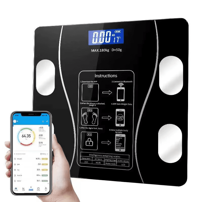 Smart Bluetooth Body Fat Scale, Digital Bathroom Scale with LCD Display, 12 Body Metrics, 400 lb Capacity, Black