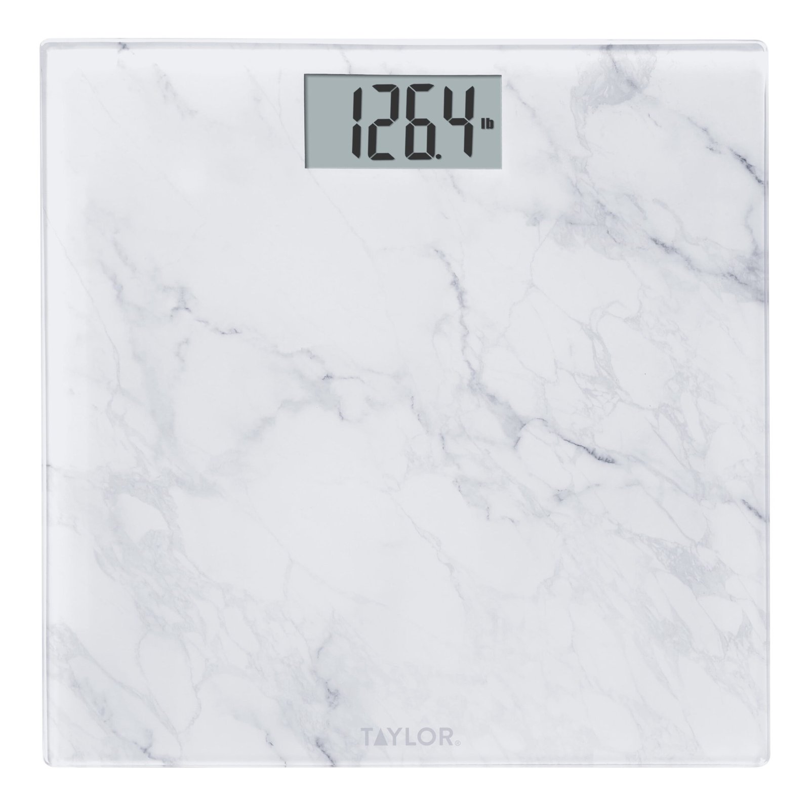 Taylor 11.8"x 11.8" Digital Glass Body Weight Scale Battery Powered, FSA HSA Eligible, 400 lb Capacity, White Marble