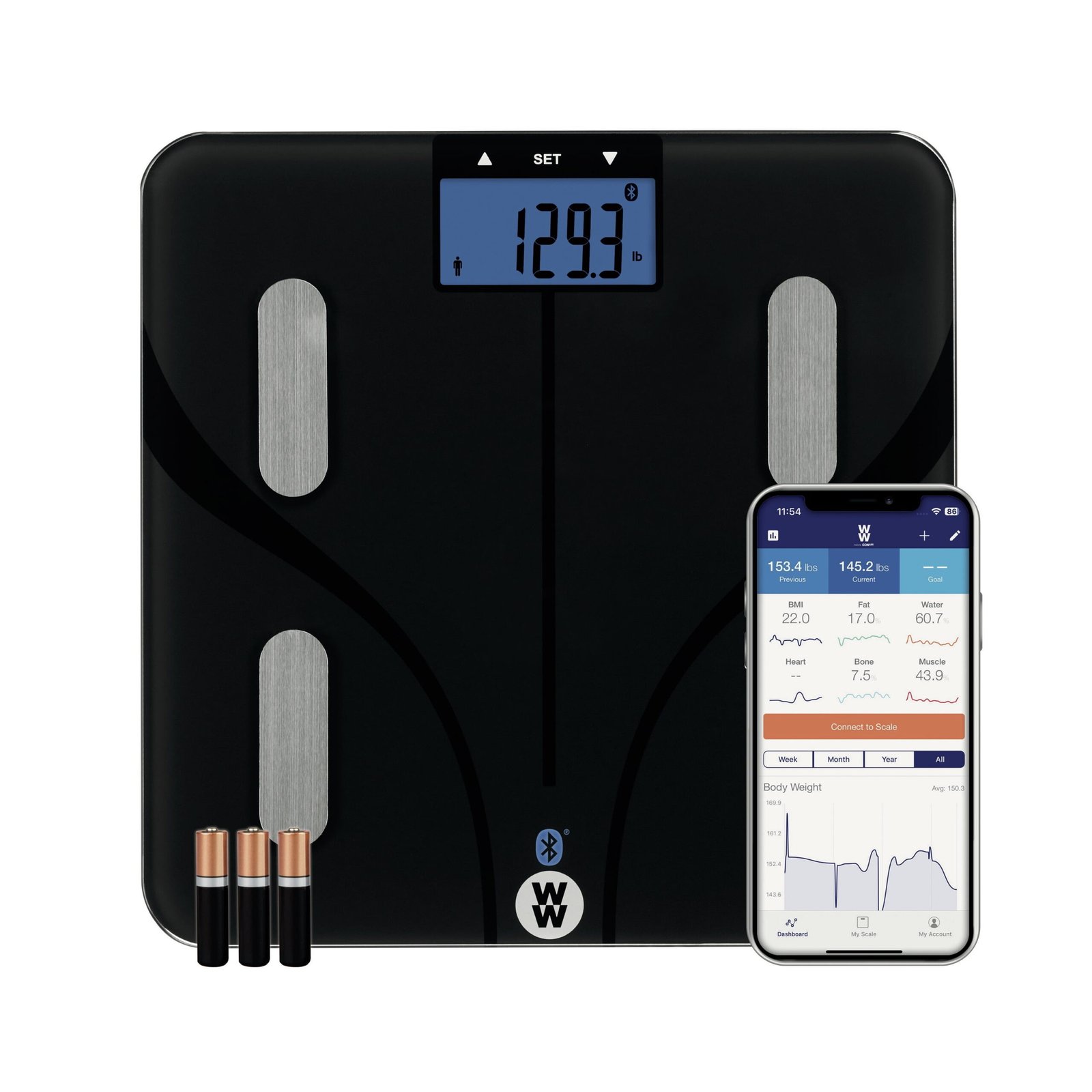 Weight Watchers by Conair Bluetooth Body Analysis Bathroom Scale, Measures Body Fat, Body Water, Bone Mass, Muscle Mass & BMI