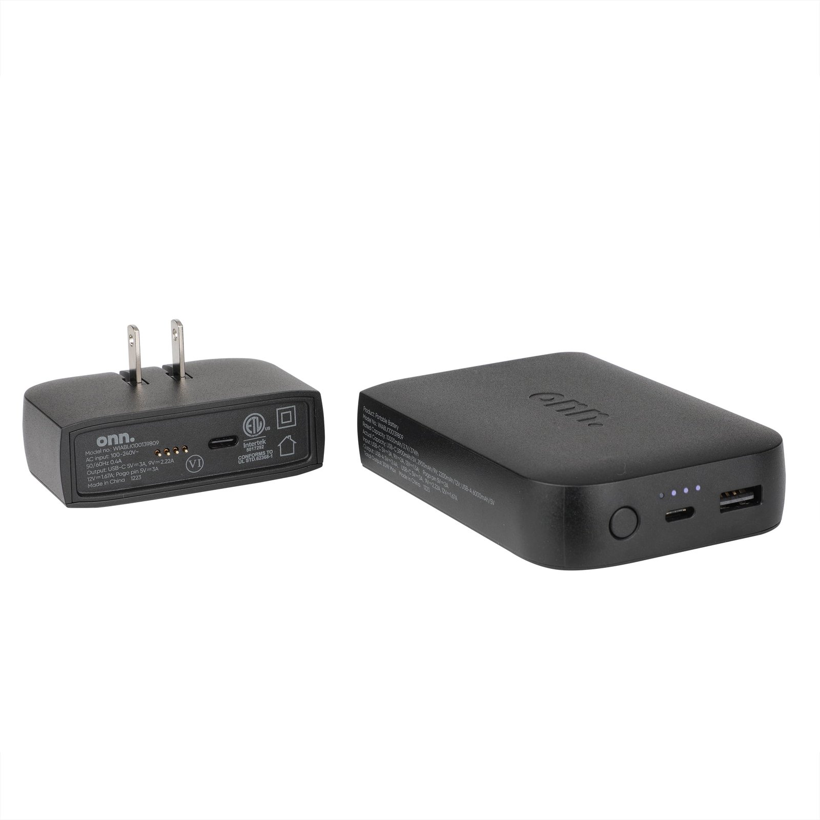 onn 10,000mAh 2-in-1 Portable Charger Power Bank with Detachable Wall Plug, USB-C & USB Ports, Black