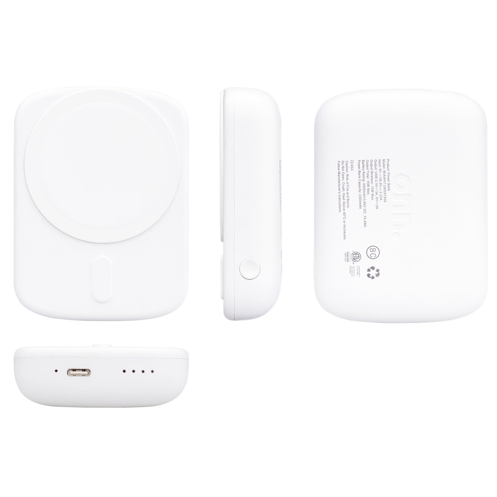 onn 4,000 mAh Magsafe Portable Battery, MFI Certified, White - Compatible with iPhone 17/16/15/14/13/12 Series